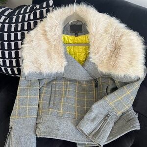 Banana Republic Gray Plaid Jacket with Faux Fur and Yellow Lining